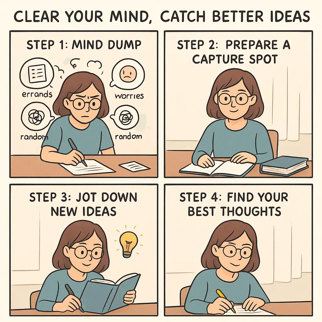 Four-panel comic showing a student clearing mental clutter, preparing a notebook, capturing ideas whilst reading, and reviewing her best thoughts.