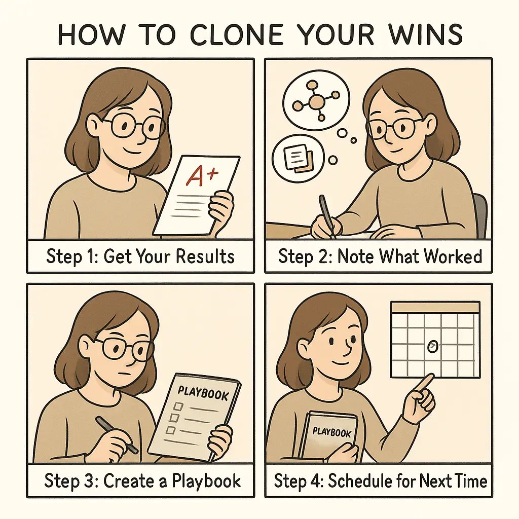 Four-panel comic showing a university student reviewing her exam, noting successful strategies, creating a study playbook, and scheduling it for her next test