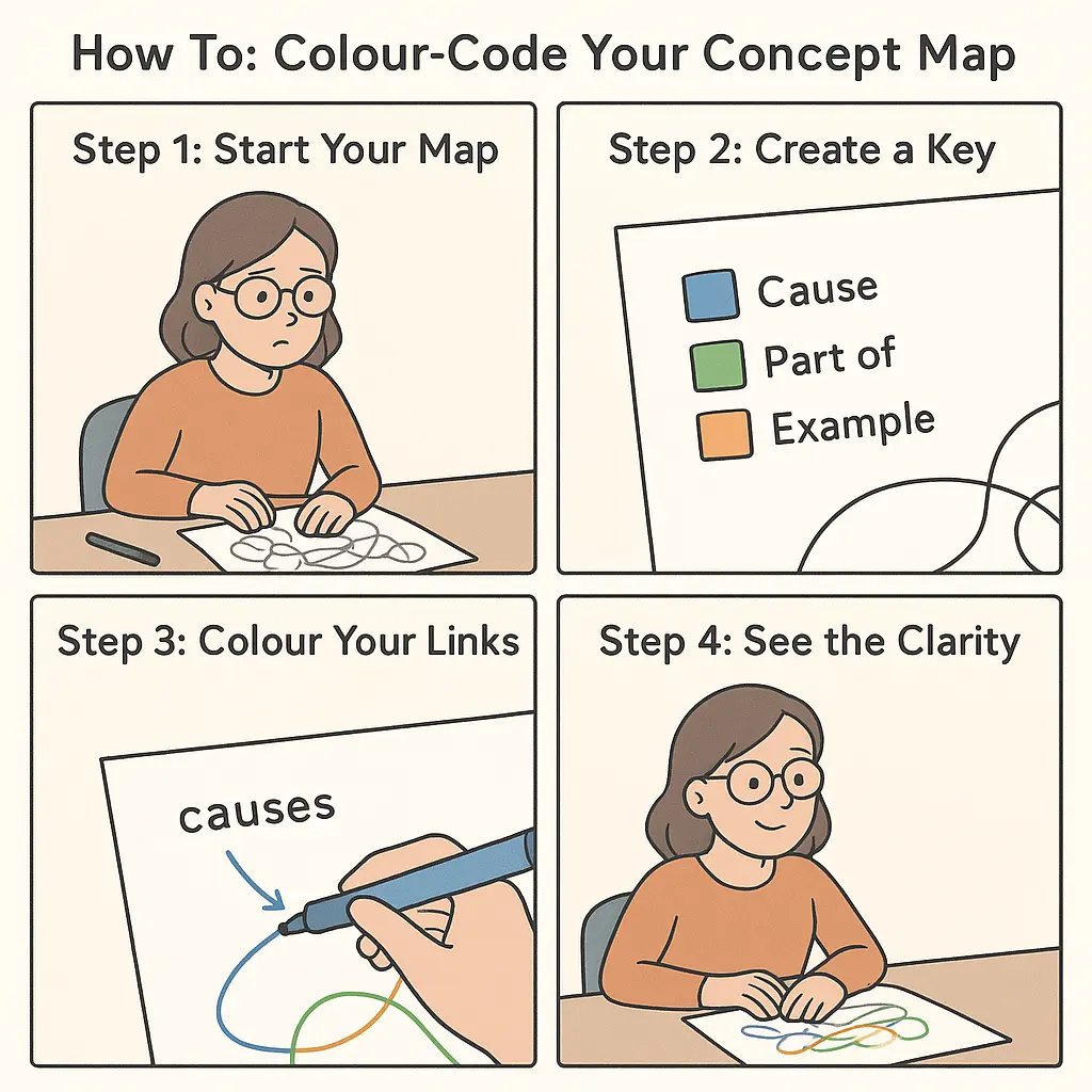 Four-panel comic showing a student transforming a confusing concept map into a clear, colour-coded visual guide using a simple key and markers.