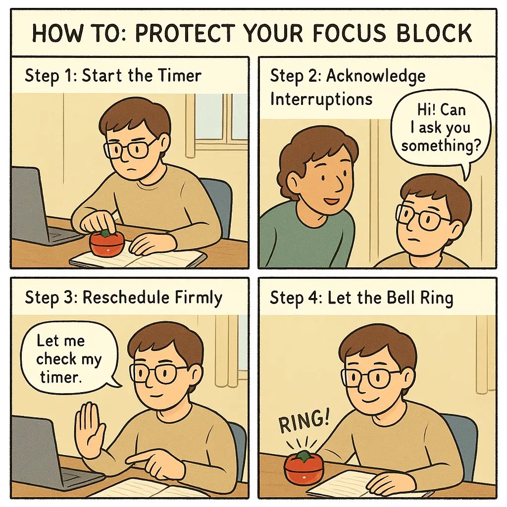 Four-panel comic showing a student successfully completing a focused 25-minute work session using a tomato timer and politely managing interruptions