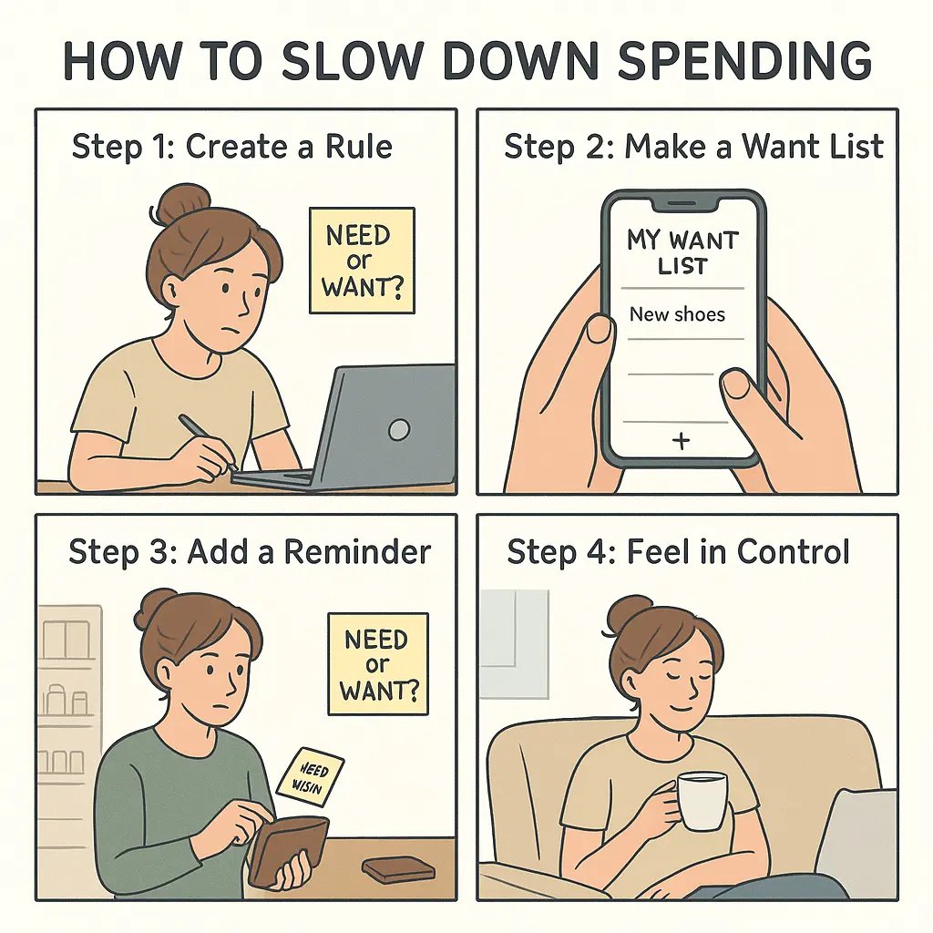Four-panel comic showing a woman using strategies to slow down impulse spending and gain financial control
