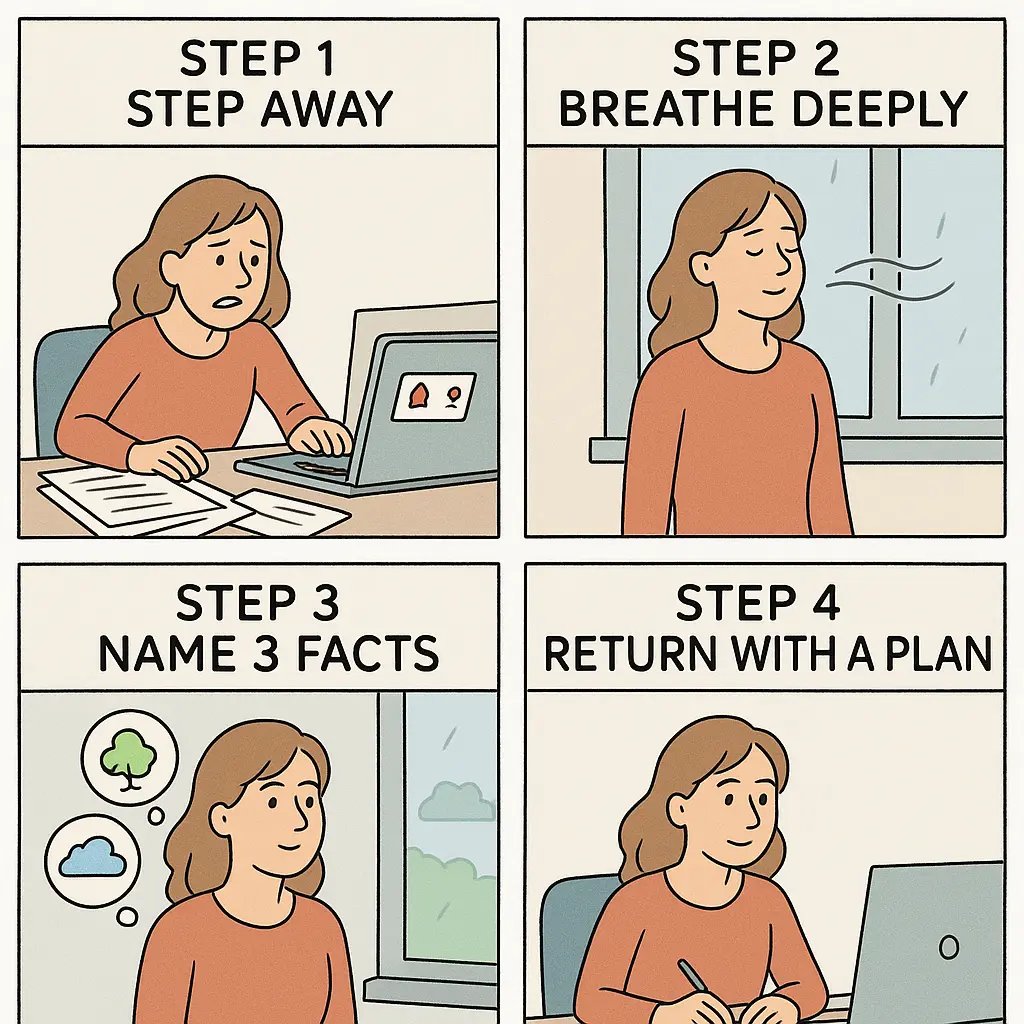 Four-panel comic showing a woman using a micro time-out: stepping away from her desk, breathing by a window, observing three things, and returning calm with a plan.