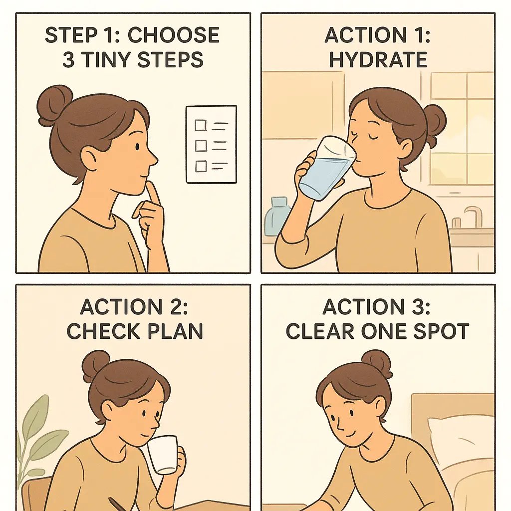 Four-panel comic showing a woman completing a simple three-step morning routine: drinking water, checking her planner, and tidying one small spot.