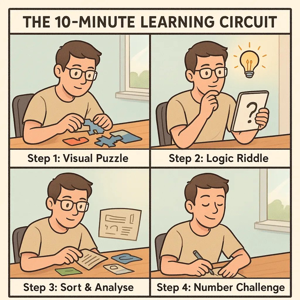 A young adult completing four learning stations at a desk: jigsaw puzzle, logic riddle, fact sorting, and sudoku in a bright room.