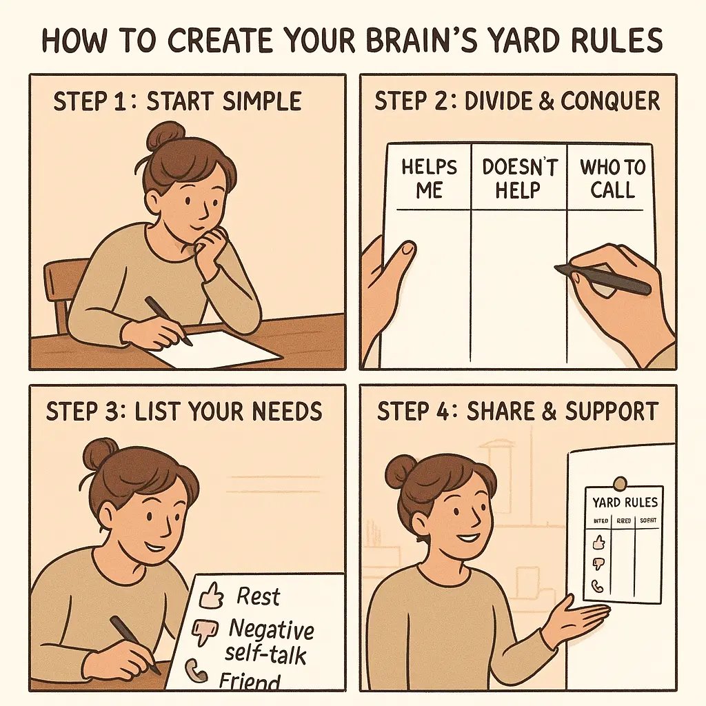 Four-panel comic showing a woman creating a brain support guide with three columns, then sharing it with a partner in a bright kitchen