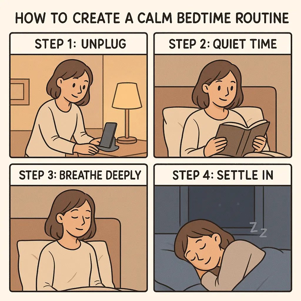 Four-panel comic showing a young woman's peaceful bedtime routine from unplugging devices to reading, breathing deeply, and settling into restful sleep