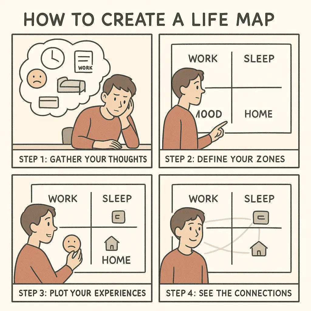 Four-panel comic showing a young adult transforming chaotic thoughts into an organised life map with clear zones and connections