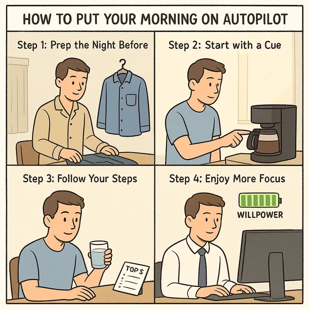 Four-panel comic strip showing a man creating an automated morning routine, from evening prep to focused work with full willpower