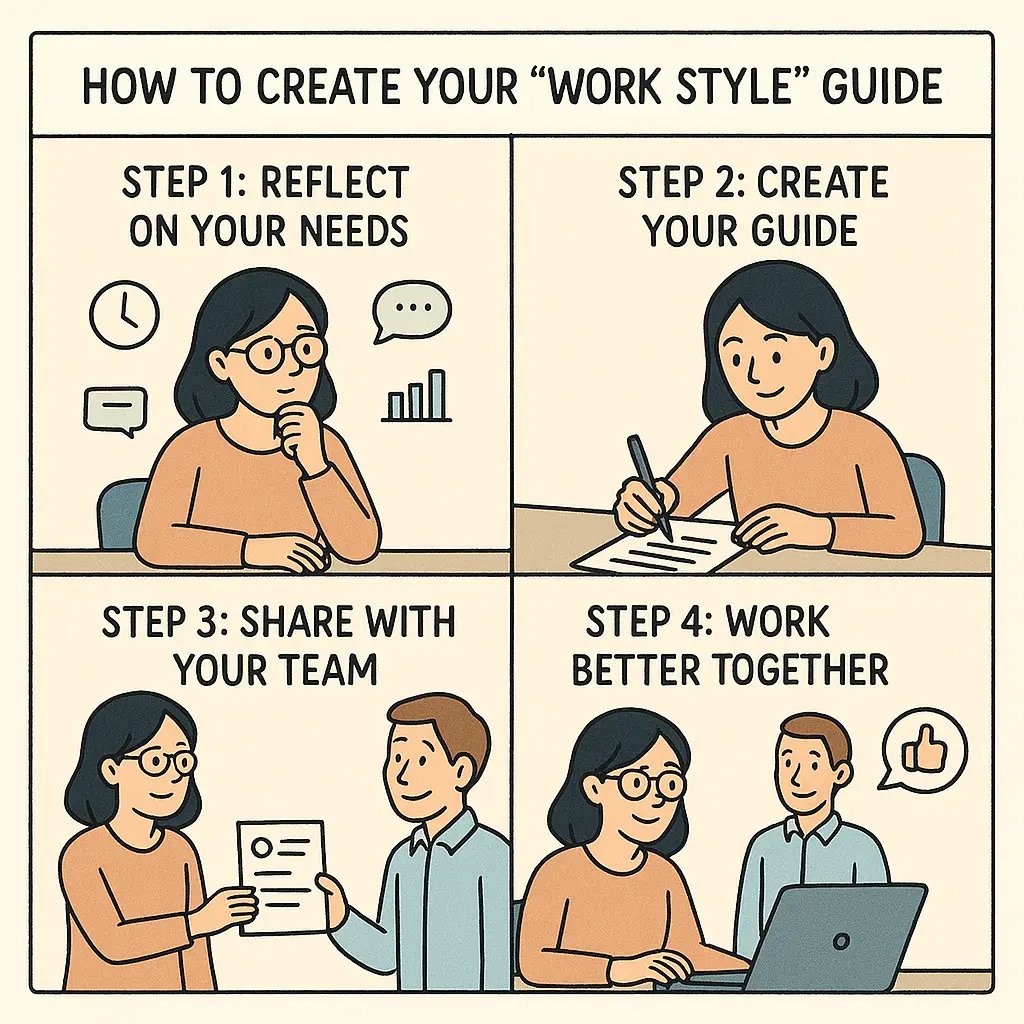 Four-panel comic showing a woman creating and sharing her work style guide, resulting in better team collaboration