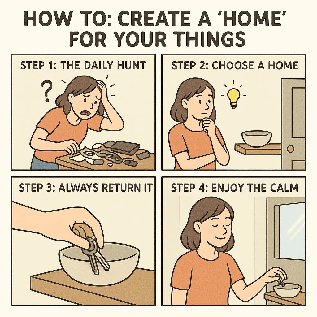 A four-panel comic showing a woman's journey from stressed key-searching to calm morning routine using a designated bowl system