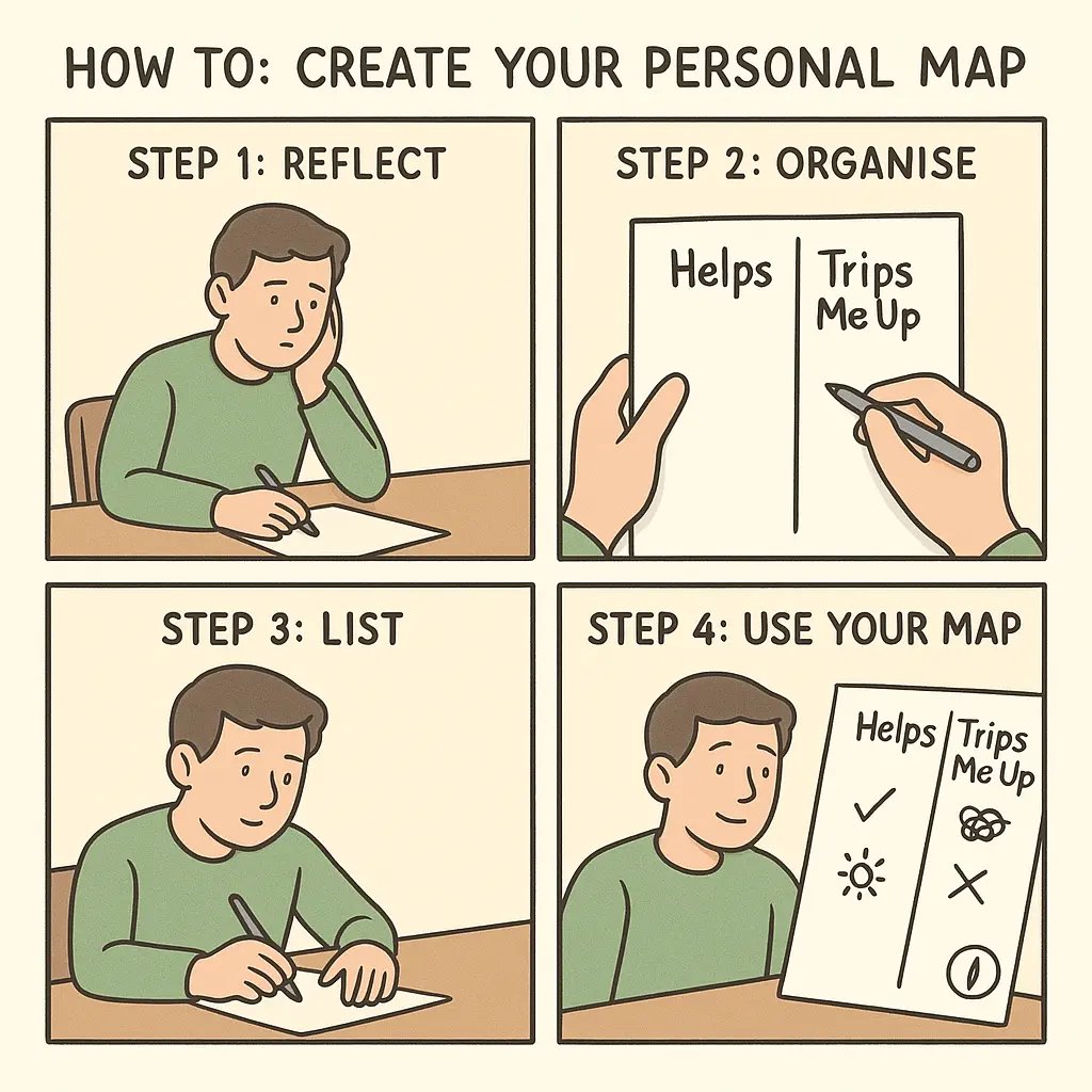 Four-panel guide showing a person creating a two-column list to map what helps and what hinders their focus