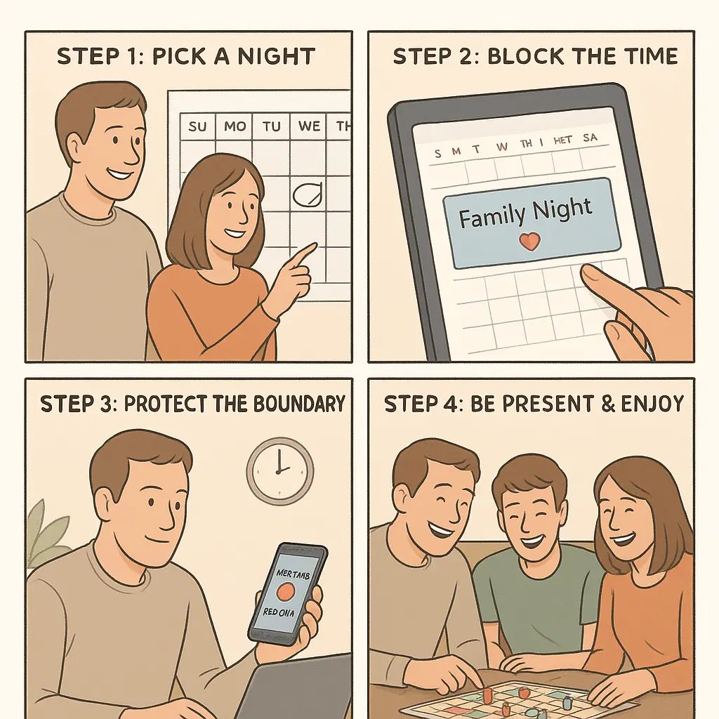 Four-panel comic showing a family creating and protecting their weekly family night routine, from choosing the night to enjoying quality time together