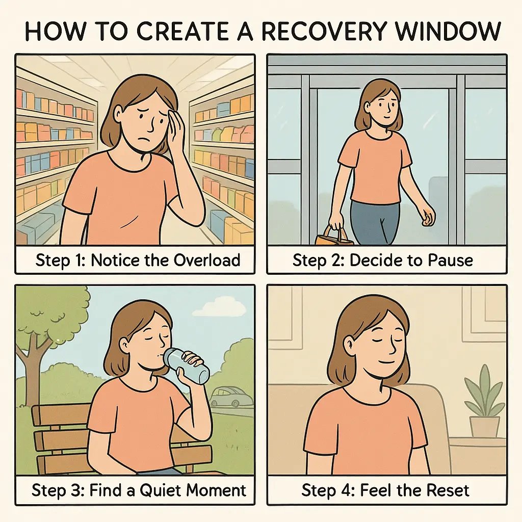 Four-panel comic showing a woman moving from overwhelmed in a supermarket to calm at home through recovery steps