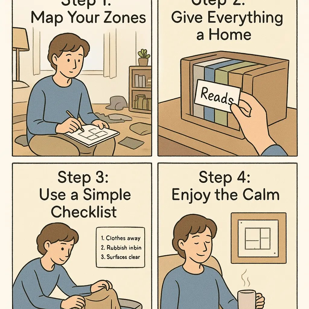 Four-panel comic showing a young adult creating a Room Reset Map, from sketching zones to enjoying a tidy, organised room