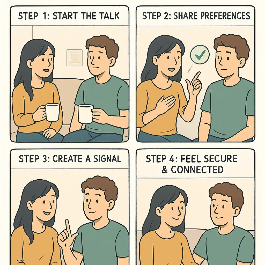 Four-panel comic showing two young adults creating a touch agreement through calm conversation, sharing preferences, agreeing on signals, and enjoying comfortable connection