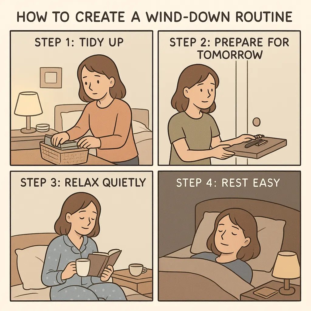A four-panel comic strip showing a young woman's calming bedtime routine from tidying and preparing to relaxing with tea and sleeping peacefully.