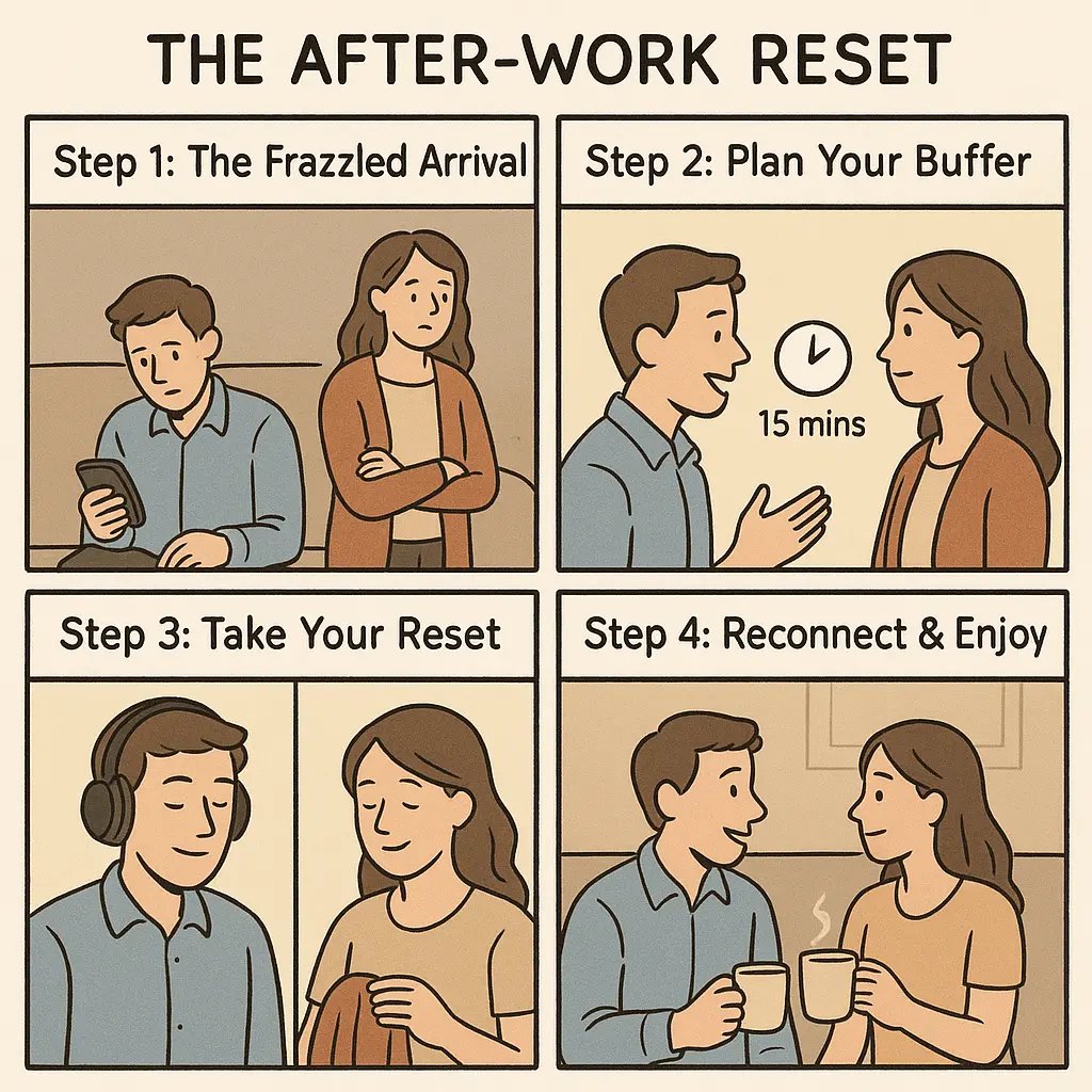 Four-panel comic showing a couple transforming from exhausted and disconnected after work to relaxed and reconnected through a simple reset routine