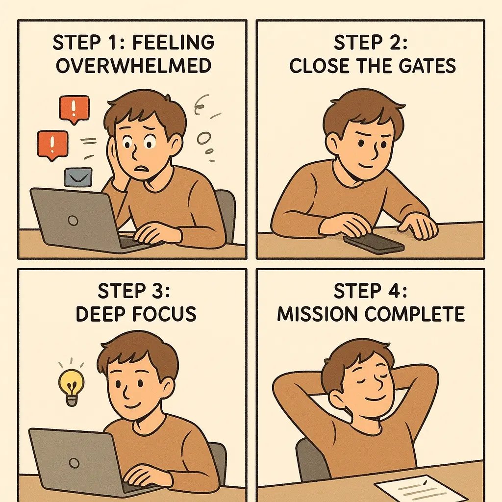 Four-panel comic showing a professional transforming from distracted to focused by creating no-input work windows