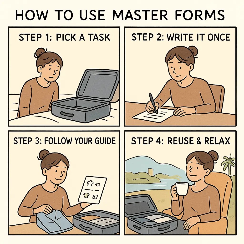 Four-panel comic showing a woman creating and using a packing checklist, from choosing the task to relaxing on holiday feeling organised.