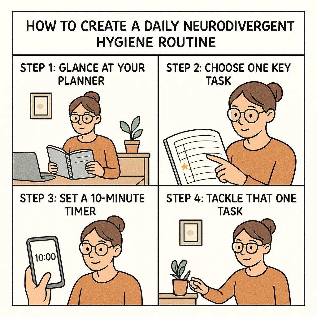 A four-panel comic strip showing a woman with glasses creating her daily neurodivergent hygiene routine: glancing at her planner, choosing one task, setting a timer, and completing a small task at her desk.