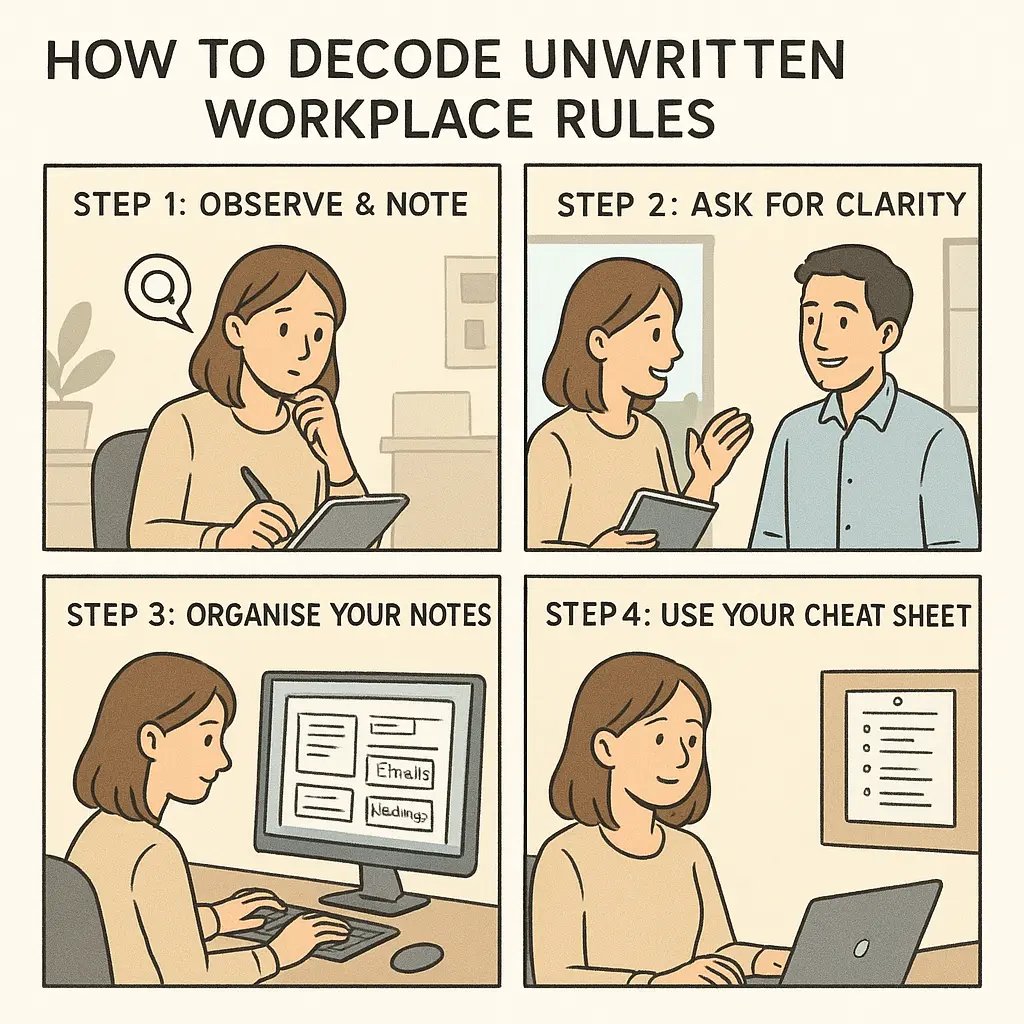 Four-panel comic showing a young woman observing, asking, organising, and confidently using her workplace rules cheat sheet