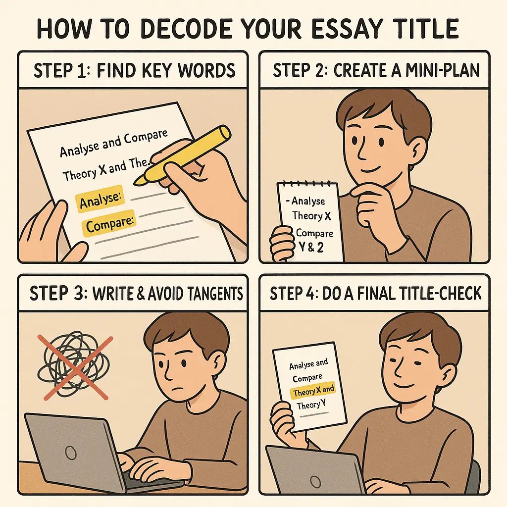 A four-panel comic strip showing a student decoding an essay title by highlighting key words, planning, avoiding tangents, and reviewing their work.