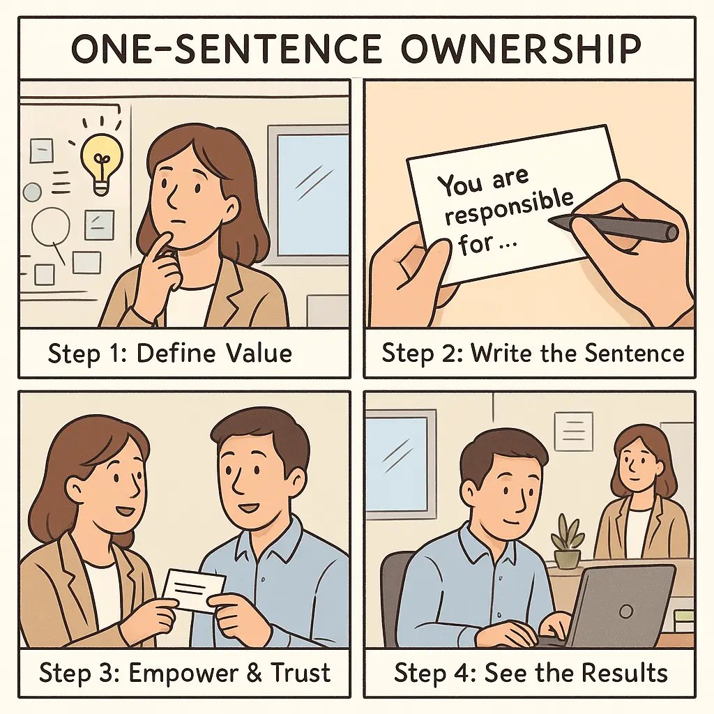 A four-panel comic showing a manager empowering an employee by defining their role in one sentence, moving from planning to confident autonomous work.