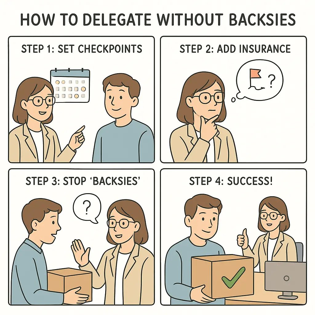 Four-panel comic showing a manager and colleague demonstrating effective delegation steps in a modern office setting