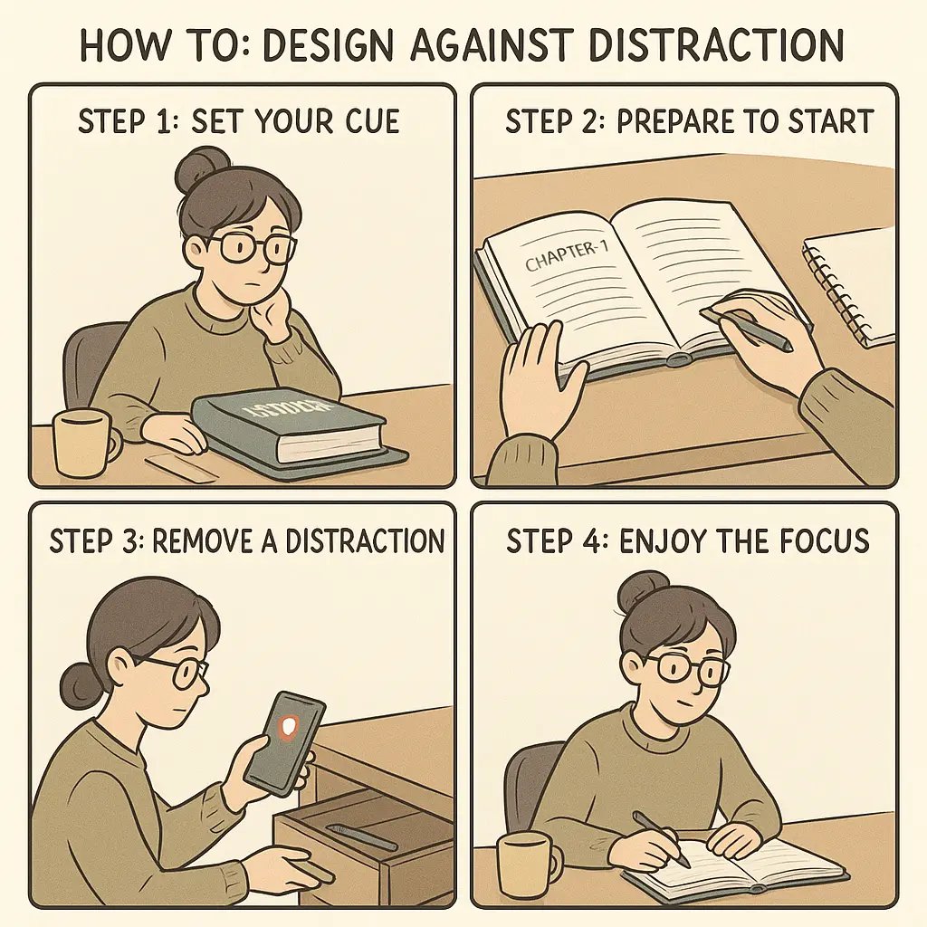 Woman at organised desk with textbook and notepad, phone put away, creating a distraction-free workspace for focused work