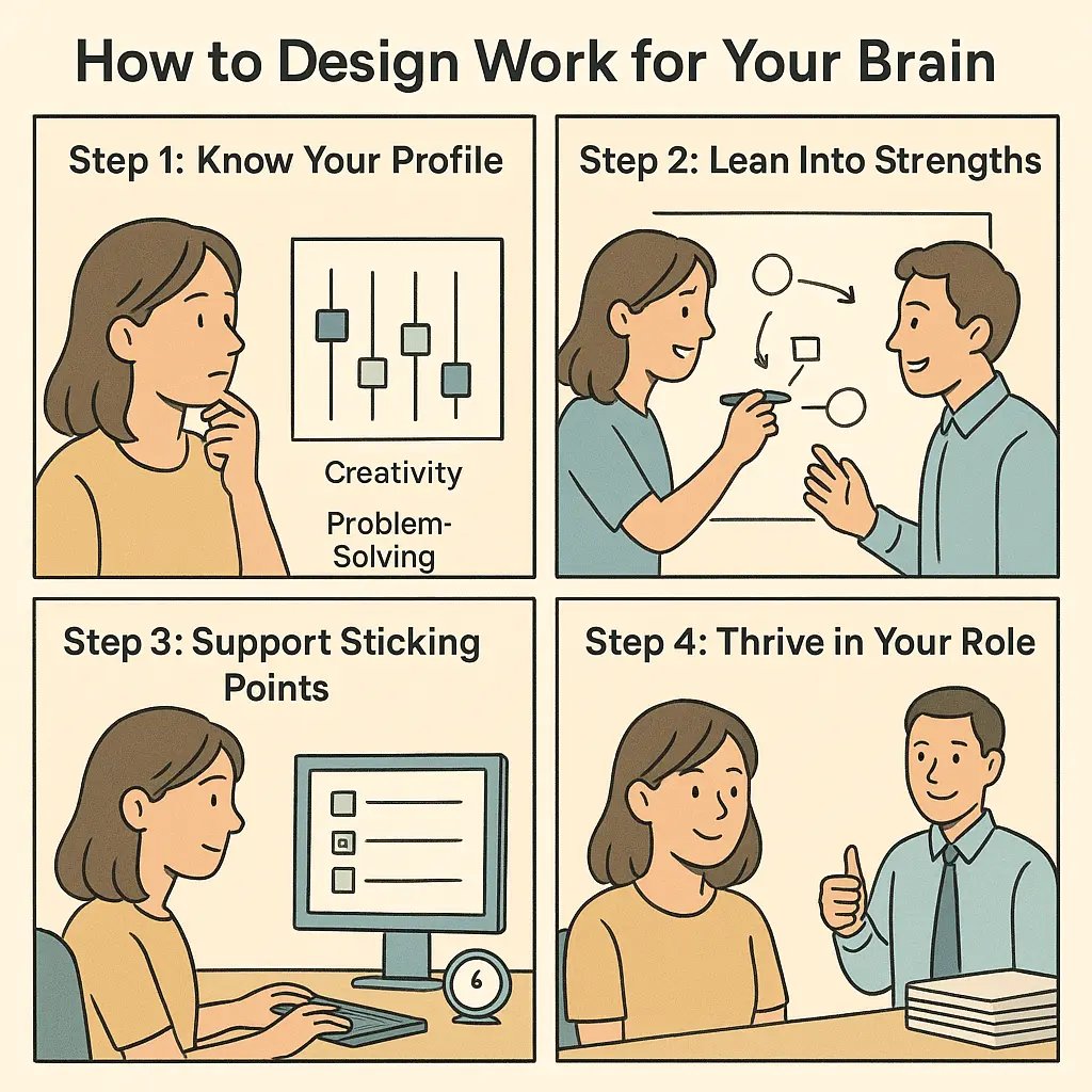 Four-panel comic showing a woman designing work for her neurodivergent brain, from identifying strengths to thriving successfully in her role