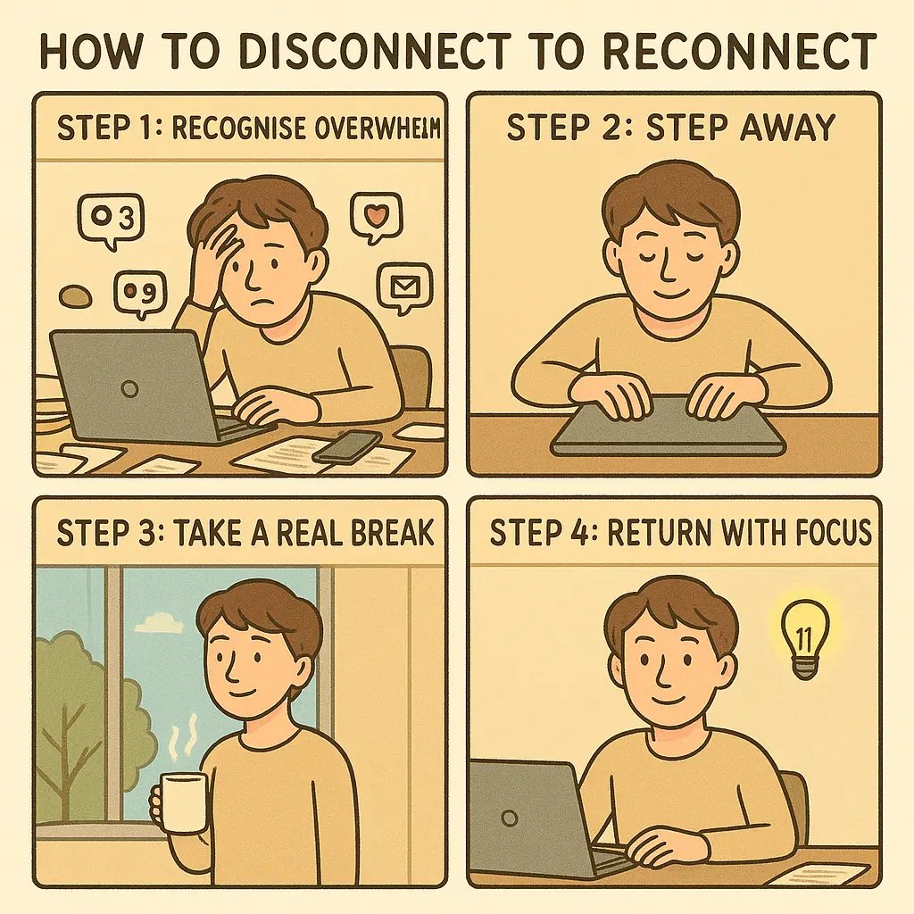 Four-panel comic showing person progressing from overwhelmed at screen to calm with tea by window, then returning refreshed and focused to work