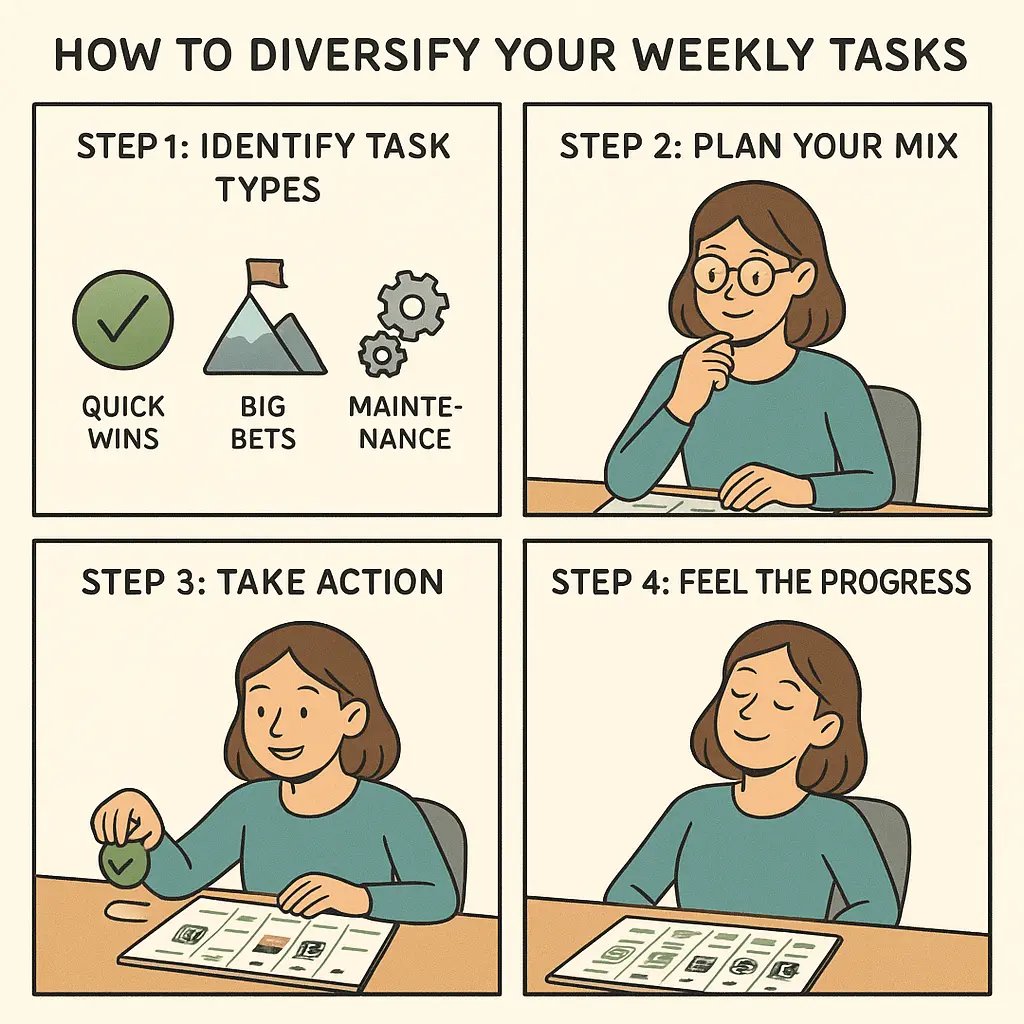 Four-panel comic showing a woman planning a balanced week by identifying task types, scheduling them thoughtfully, completing tasks, and feeling accomplished