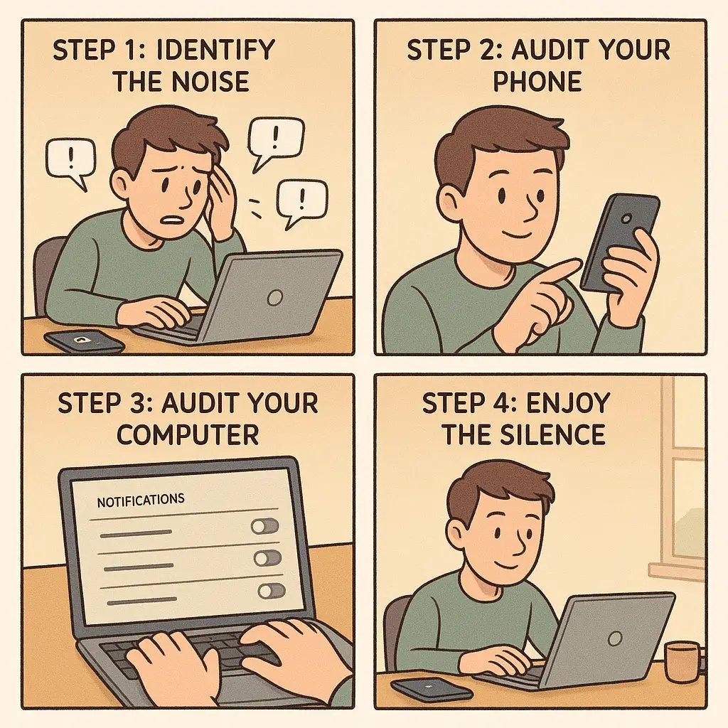 Four-panel comic showing a man moving from overwhelmed by notifications to peacefully focused after auditing his devices