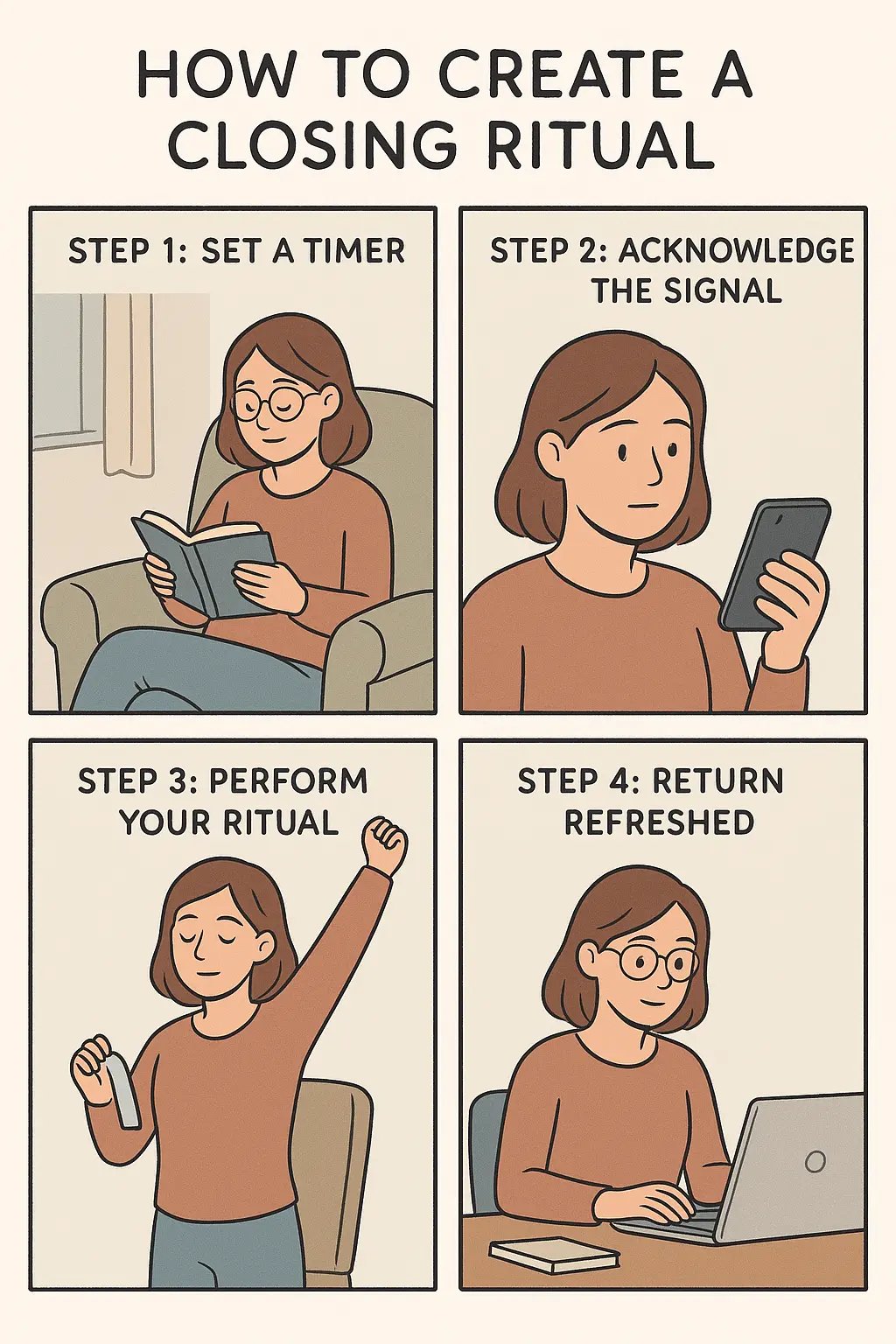 A woman transitions from reading in an armchair to working at her desk using a timer and stretching ritual to return refreshed.