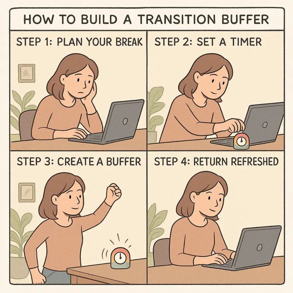 Four-panel comic showing a woman using a transition buffer: planning her break, setting a timer, creating a physical reset by getting water, then returning to work refreshed.