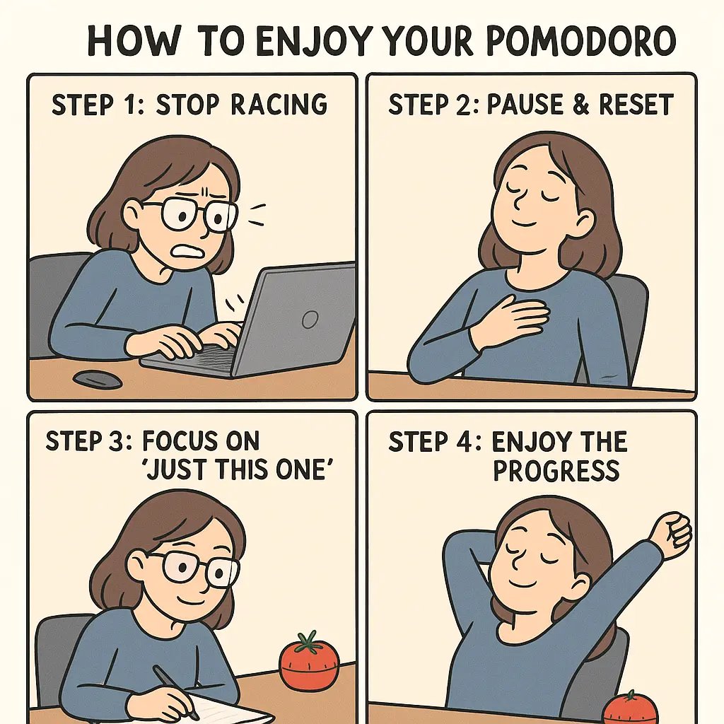 Four-panel comic showing a student learning to use the Pomodoro technique calmly, moving from stress to satisfaction.