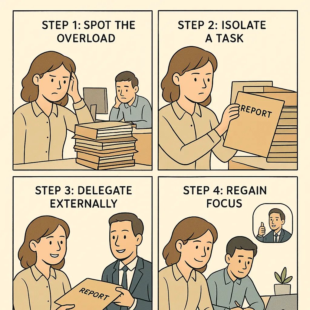 Four-panel comic showing a manager transforming team overload into calm productivity by delegating specific tasks to external help