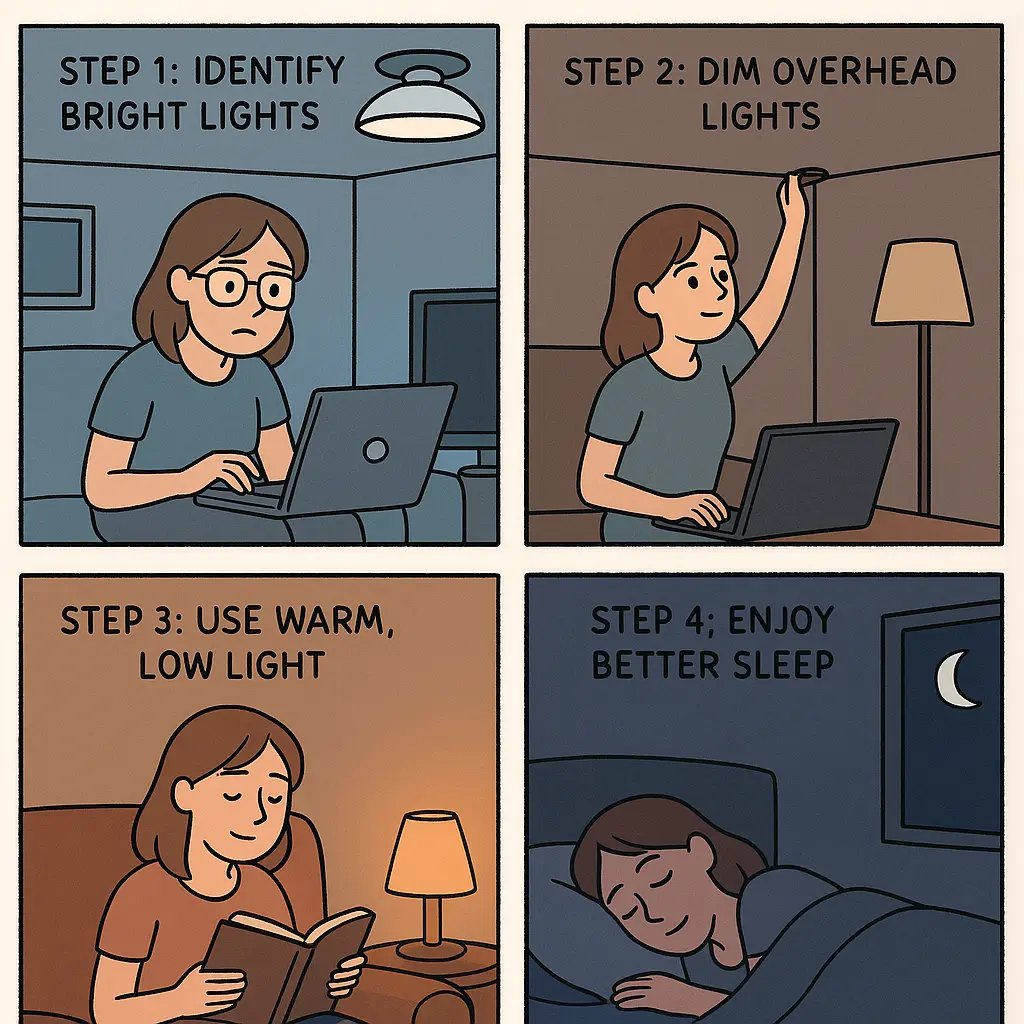 Four-panel comic showing a woman progressing from a brightly lit room to peaceful sleep by dimming lights and creating a warm evening environment.