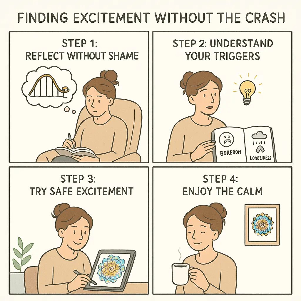 Four-panel comic showing a woman's journey from relationship chaos to peaceful excitement through journaling, self-awareness, digital colouring, and contentment.