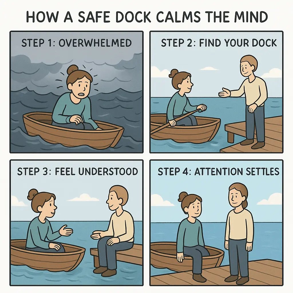 Four-panel comic showing a woman's journey from being overwhelmed in stormy seas to finding calm and focus by connecting with a supportive figure at a dock.