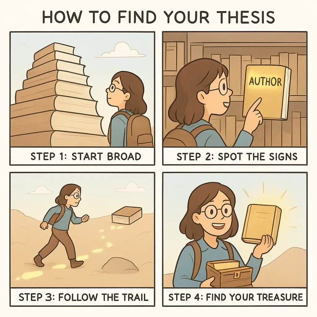 A student climbing a mountain of books, following glowing citation trails to discover perfect thesis sources at the peak.