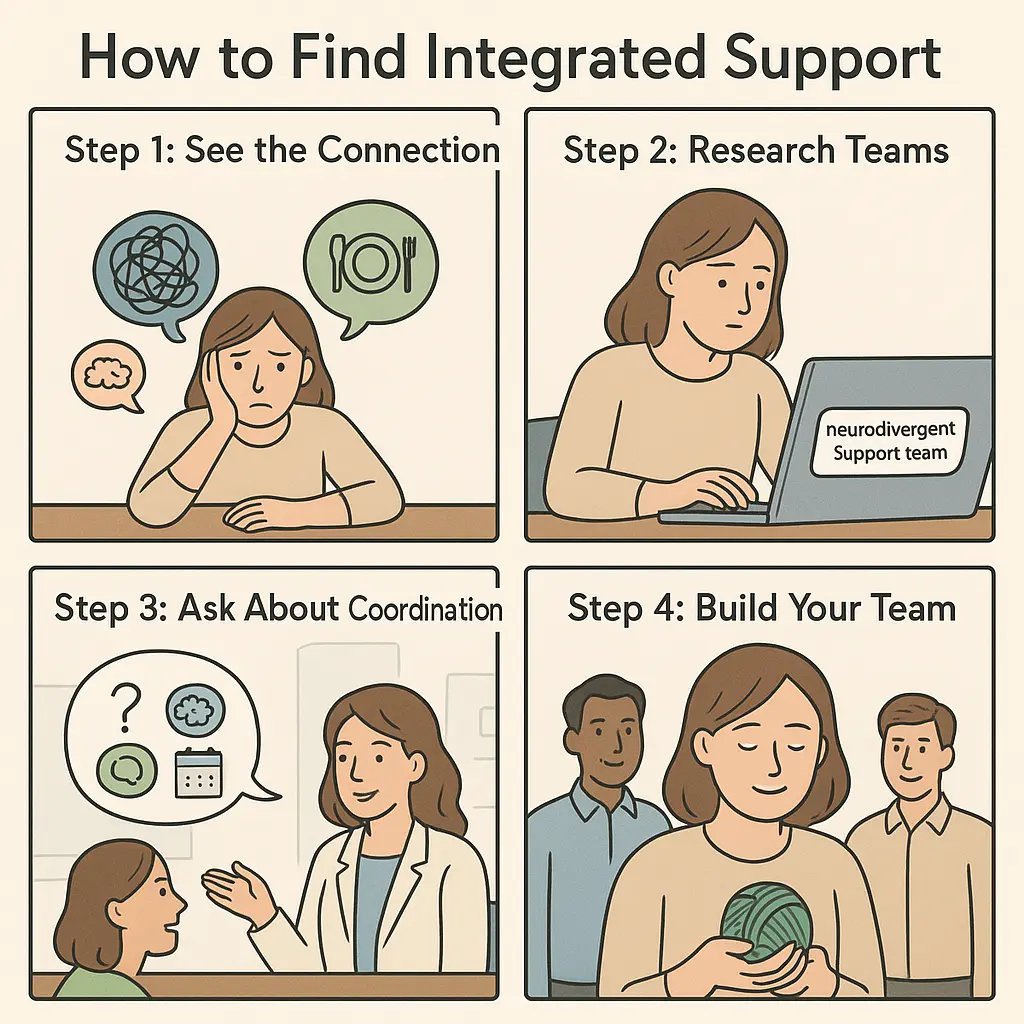 Four-panel comic showing a woman's journey from overwhelm with tangled challenges to finding peace through coordinated professional support