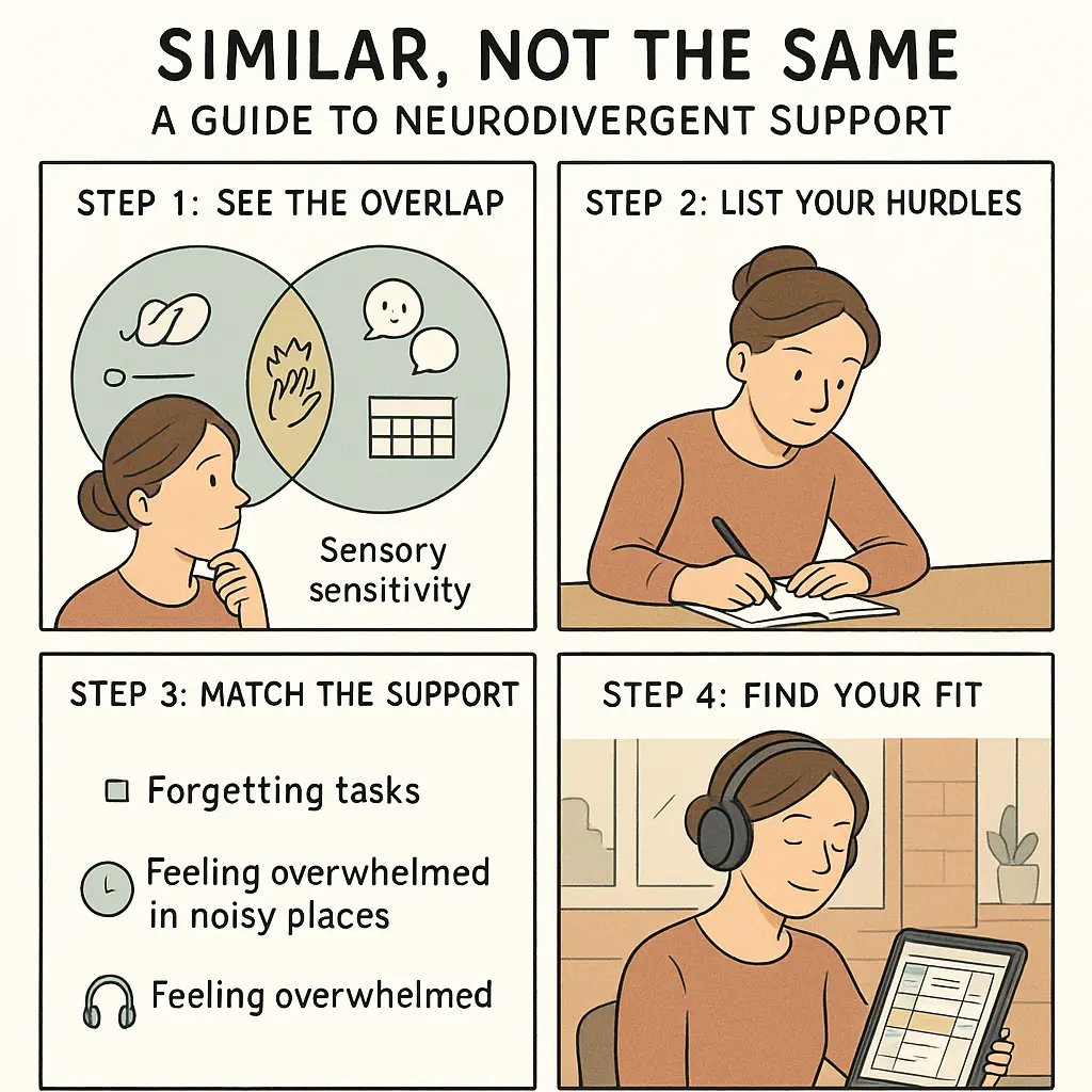 A four-panel comic showing a young woman moving from understanding overlapping neurodivergent traits to confidently using personalised strategies.