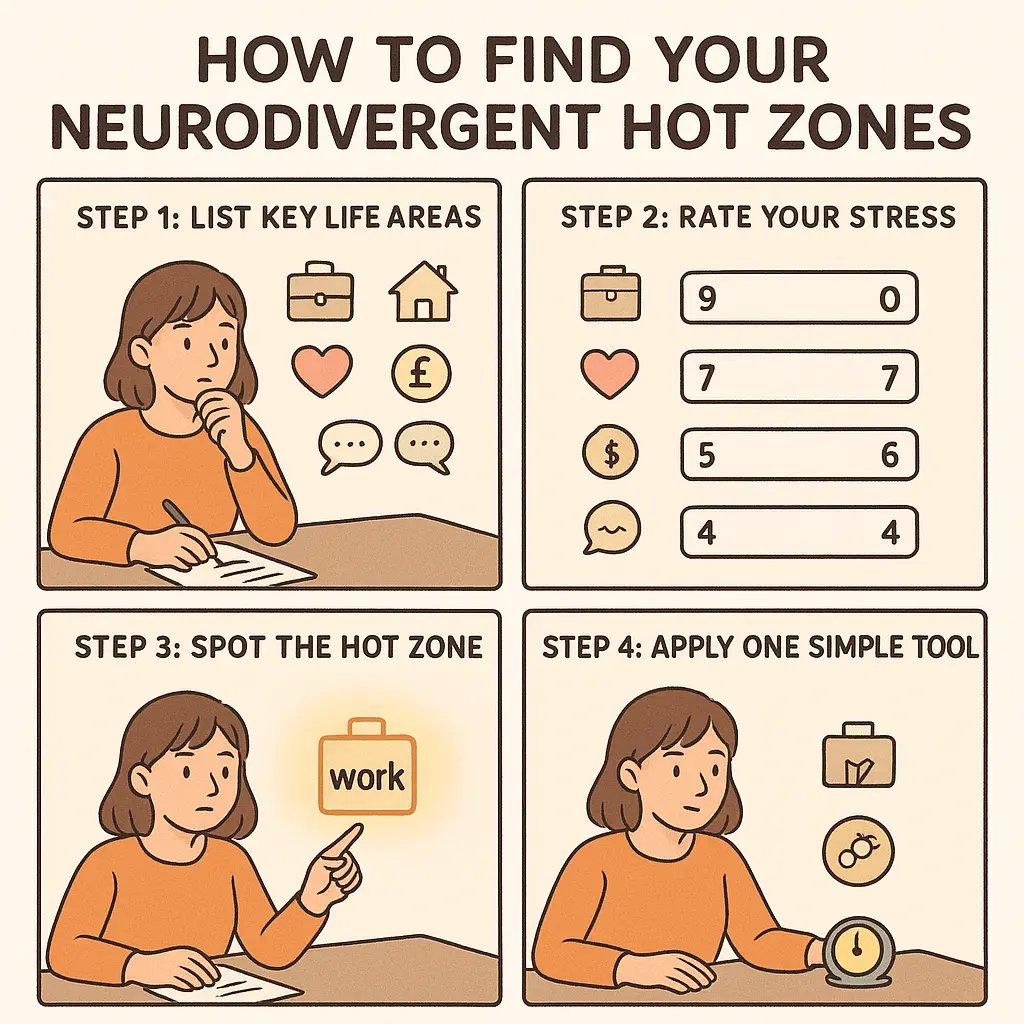 Four-panel comic showing a woman identifying her work stress as a hot zone and choosing a simple timer tool to tackle it confidently.
