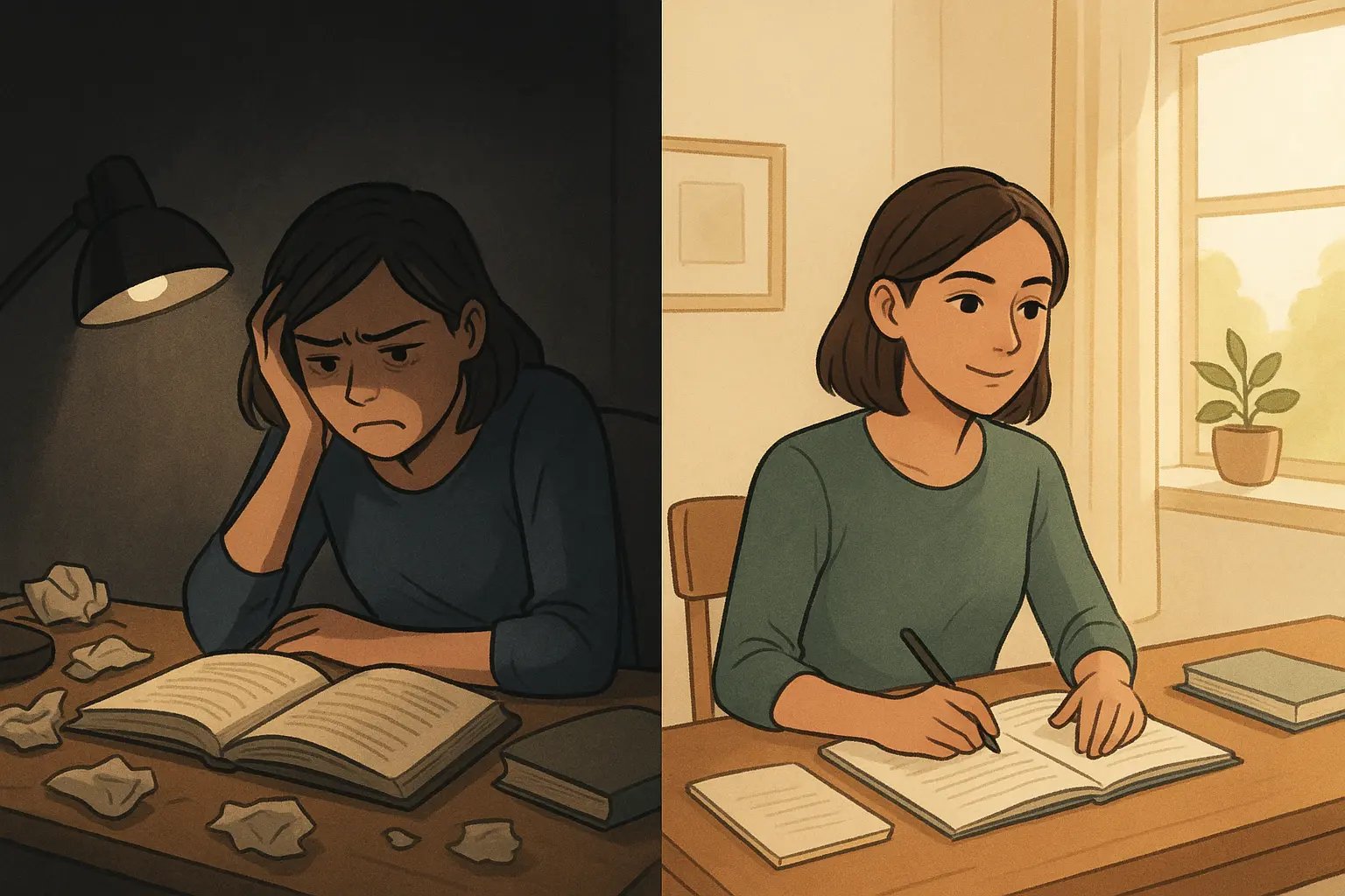 Student transformation from frustrated late-night studying to calm, focused daytime learning at organised desk