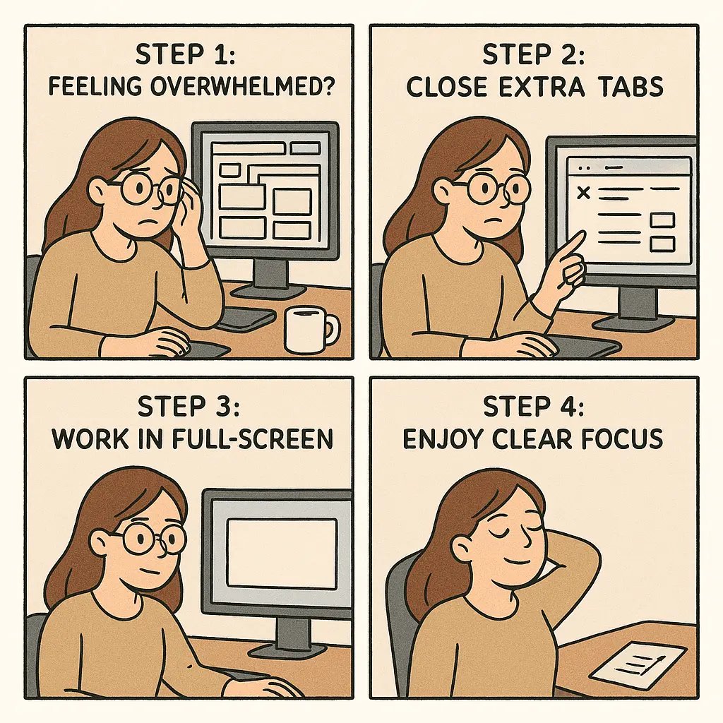 Four-panel comic showing a person progressing from overwhelmed by multiple tabs to focused and accomplished using the one-tab rule