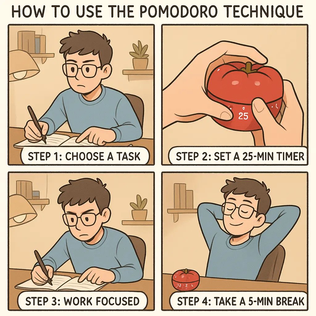 A young student at his desk using the Pomodoro Technique, setting a tomato timer and working with focused concentration during a study session.