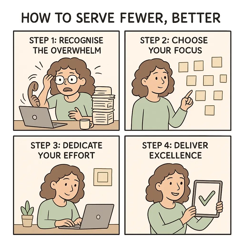 Woman transforming from overwhelmed at a cluttered desk to proudly holding a completed project, illustrating focused productivity