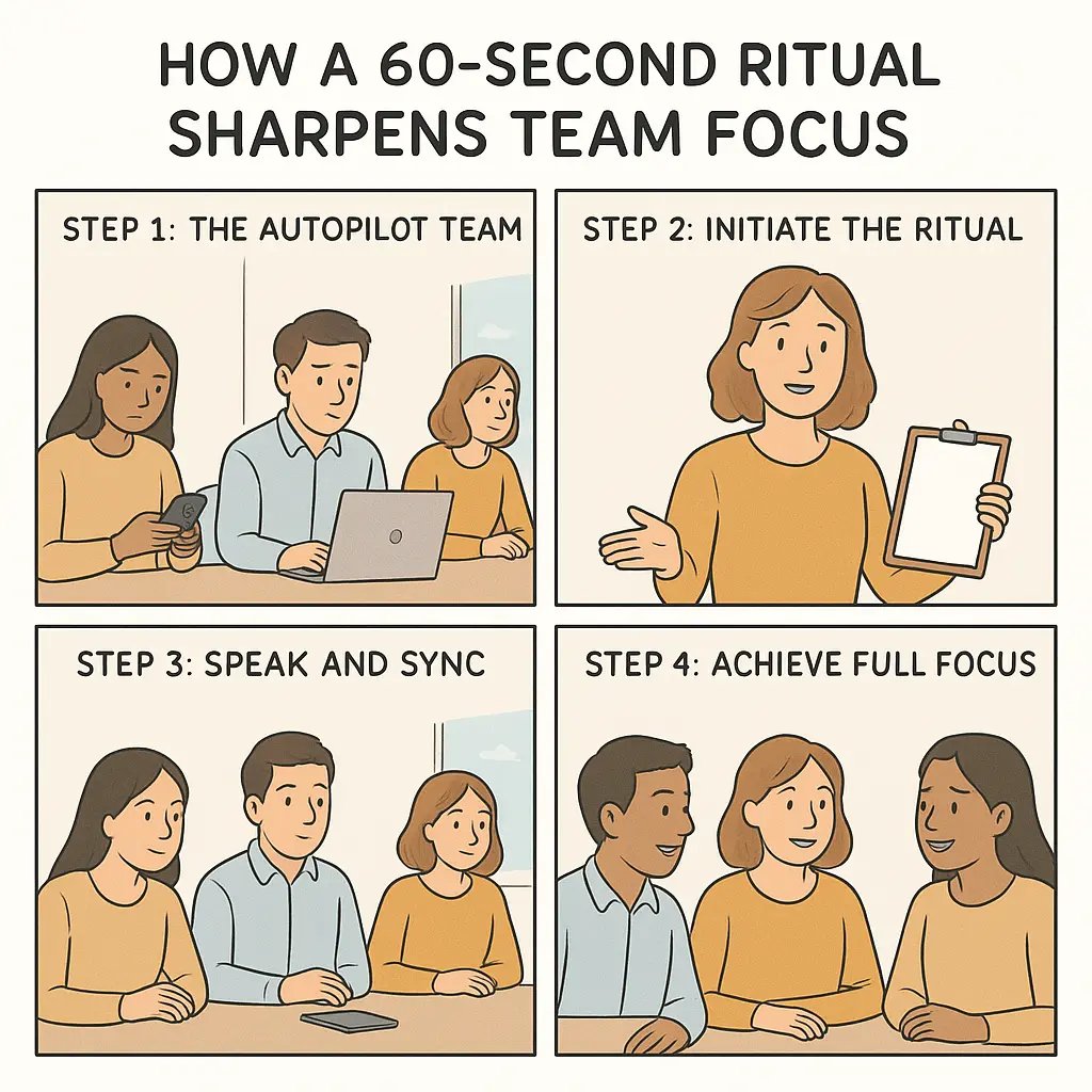 A four-panel comic strip showing a team transforming from distracted to fully focused through a simple spoken ritual in a modern office setting.