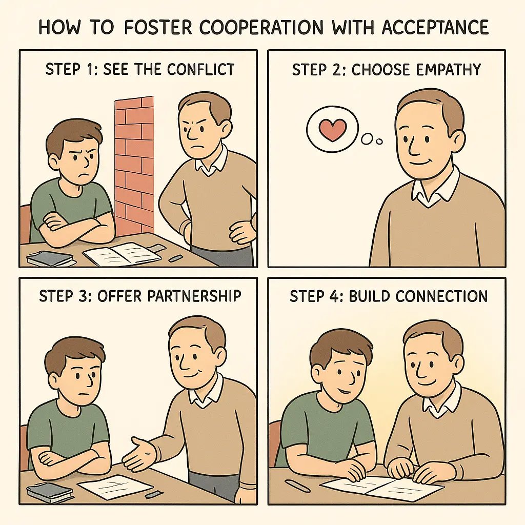 Four-panel comic showing two people moving from conflict with a symbolic red wall between them to cooperation with warm connection.